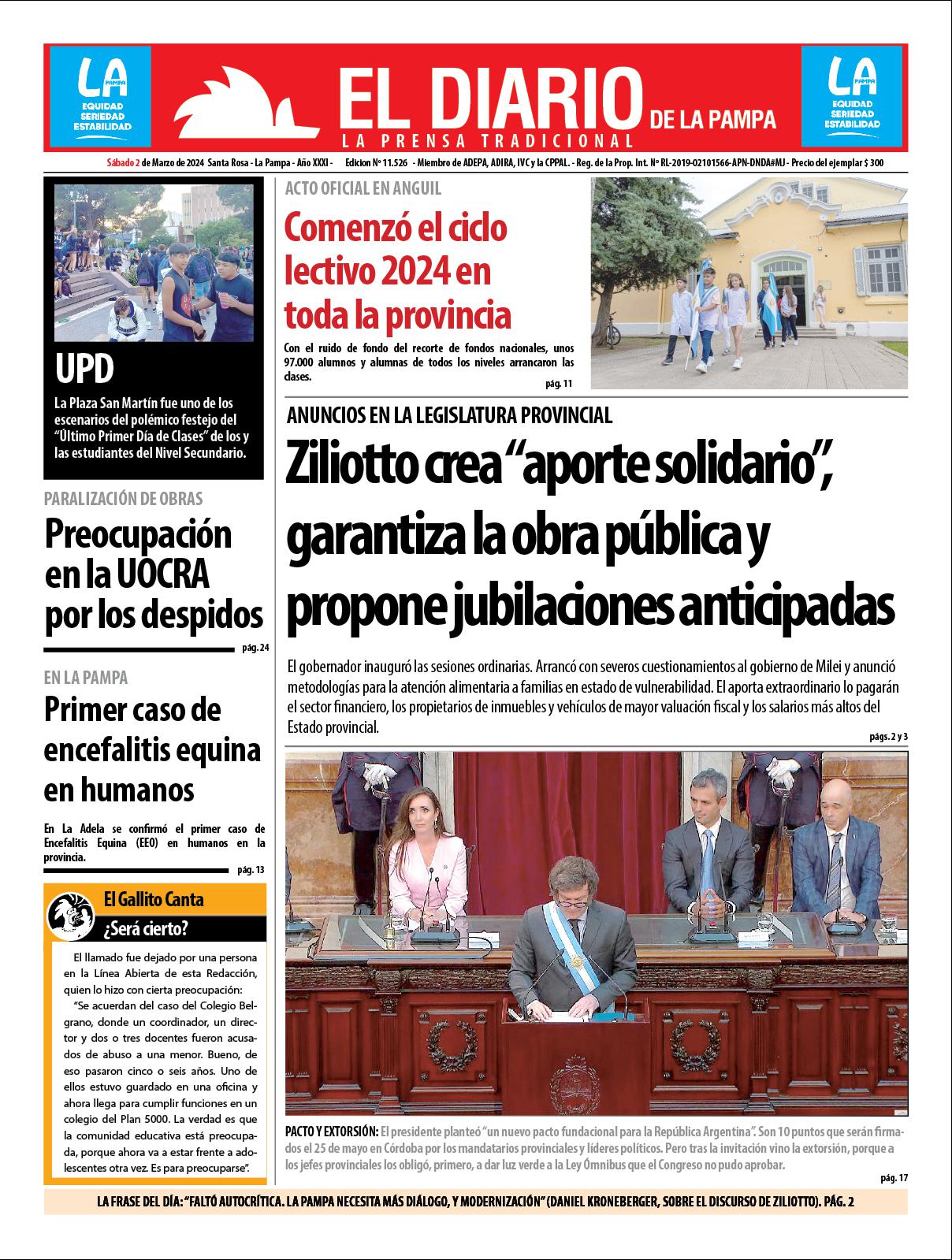 Tapa de El Diario en papel  saacutebado 02 de marzo de 2024